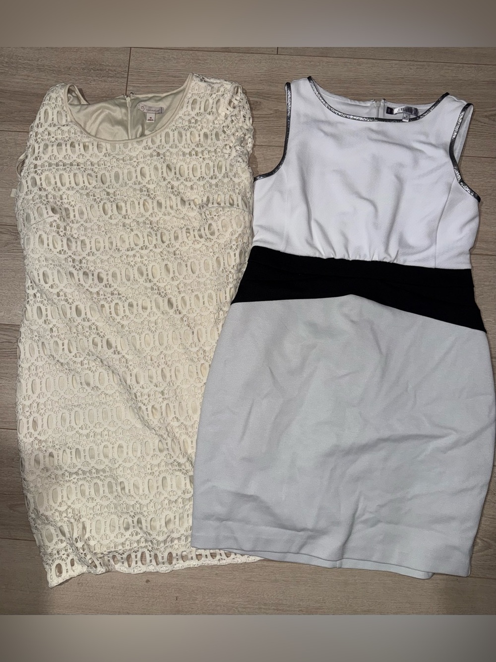 Two Women's Dresses - Ivory Lace Dress & White Black Trim Colorblock Dress